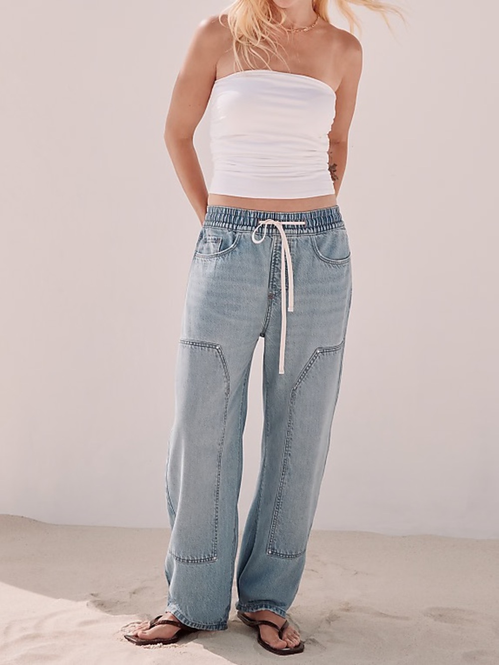 LOFT Rivete Tall Utility High Rise Pull On Jeans in Light Wash Indigo